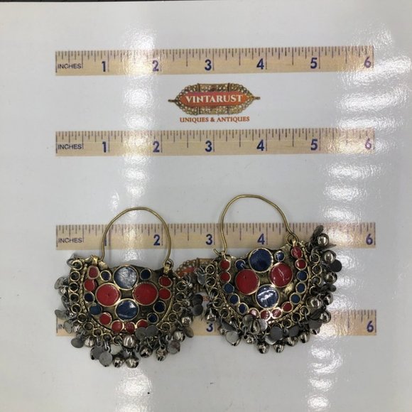 Red and Blue Kuchi Bali Earrings With Small Silver Bells, Ethnic Hoop Style Vint - Picture 3 of 4